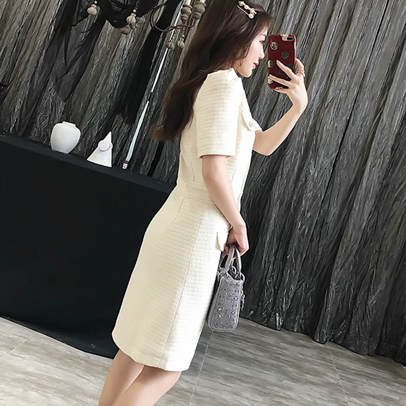 Платье из твида Off white с коротким рукавом 2019 весна / осень женское платье кисточкой