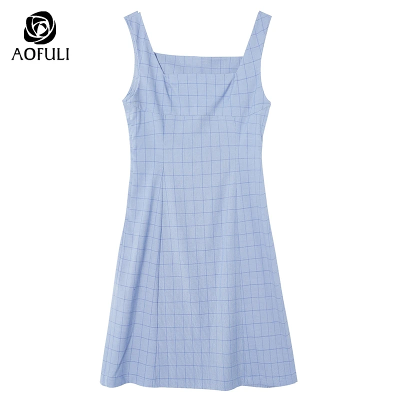 AOFULI L ~ 4XL 5XL женский клетчатый сарафан с принтом милые летние платья в клетку