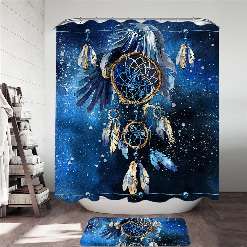 Постельное белье Outlet Dreamcatcher занавеска для душа и коврик для ванной набор Белоголовый Орел Синий водонепроницаемый занавеска для ванной комнаты Boho Ванна Декор 2 шт