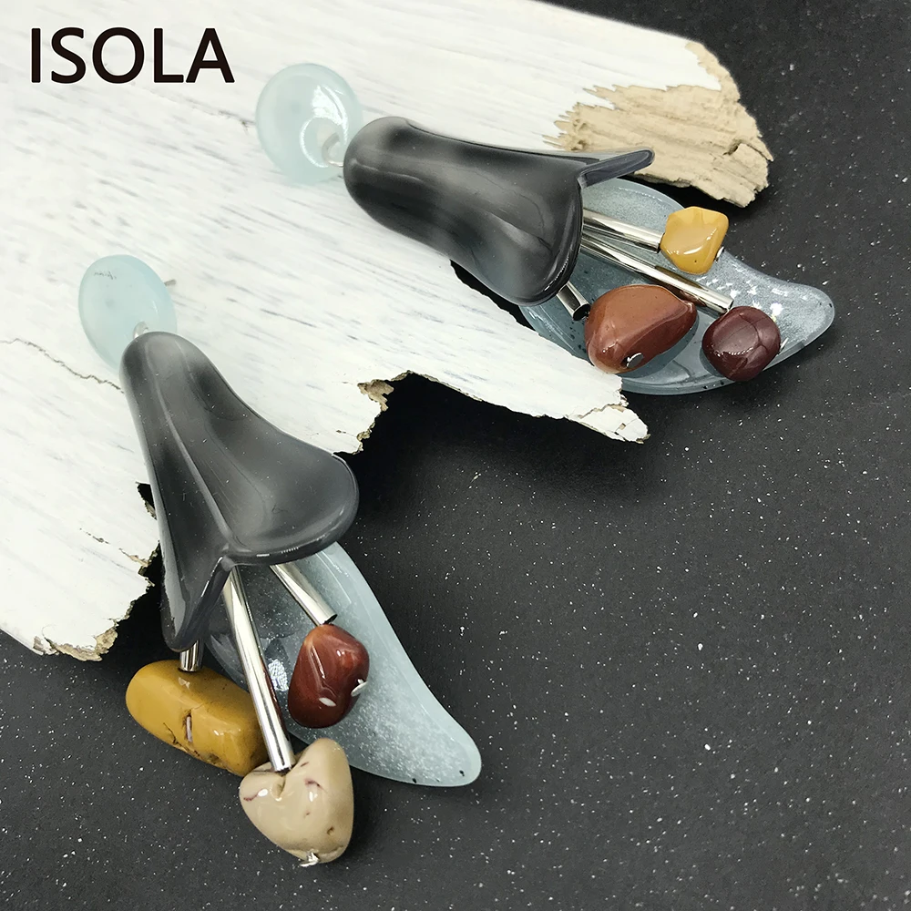 Акриловые серьги подвески ISOLA с двумя листьями три бутона внутри Эффектные
