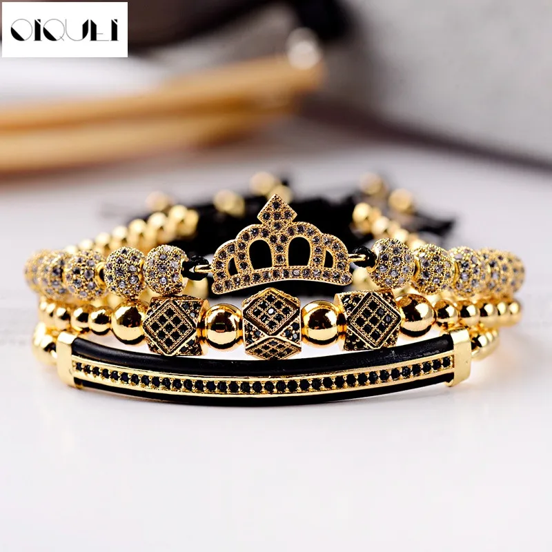 

OIQUEI Charms Luxury Jewelry Bracelets Set 3PCS/Set CZ Geometric Polygon Tube Crown Braided Macrame Bracelet pulseira masculina