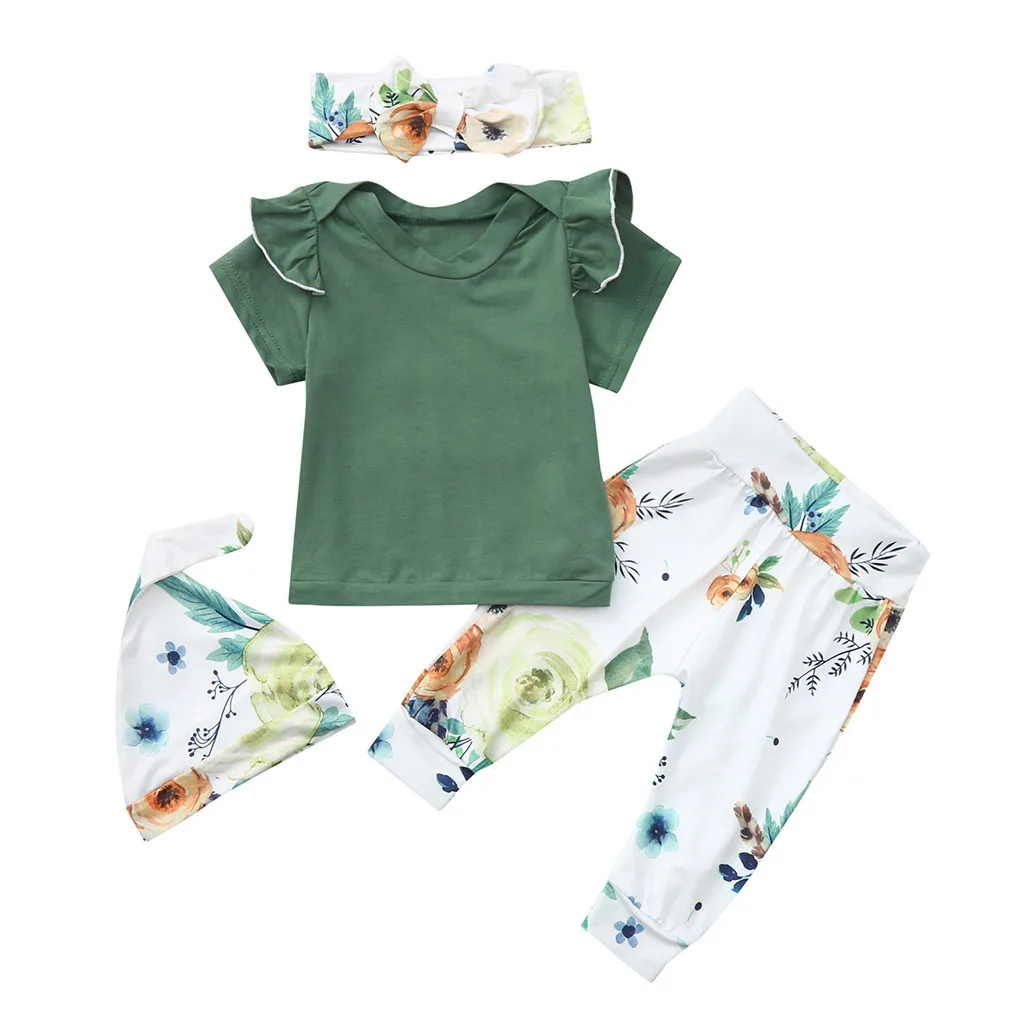4PCS Toddler Baby Boy&ampGirls Outfits Floral Print Top Pants Cap Headband Ruffles girl clothing teenage kids clothes | Детская одежда