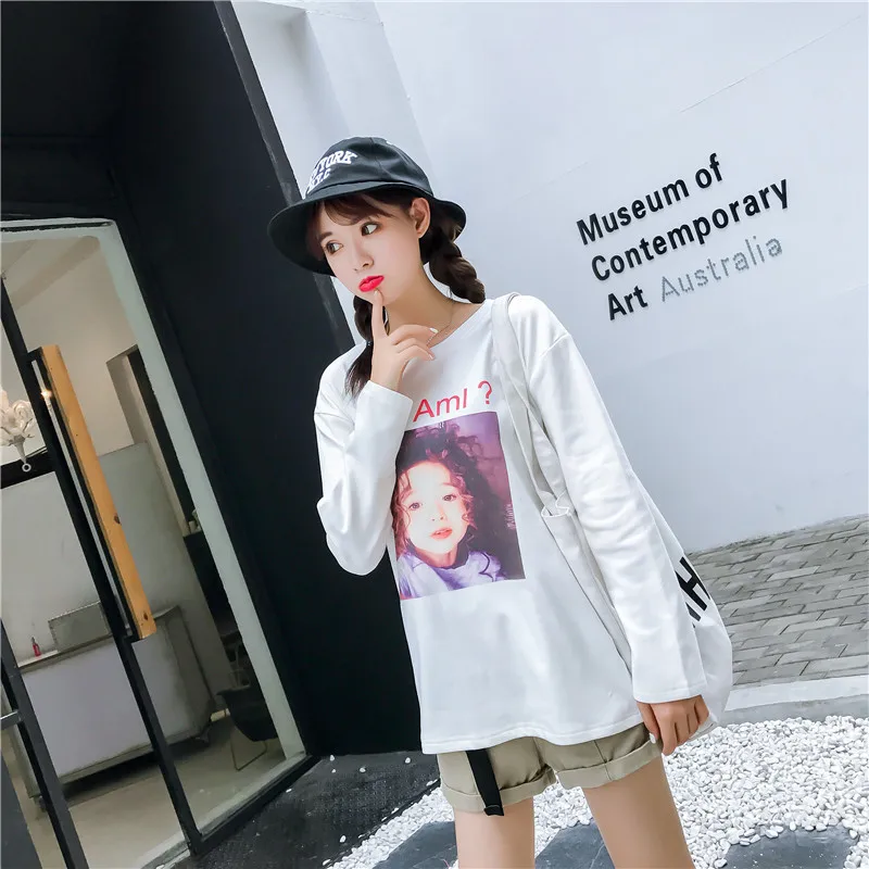 Модная новинка 2018 Женская белая футболка с круглым вырезом и принтом свободная