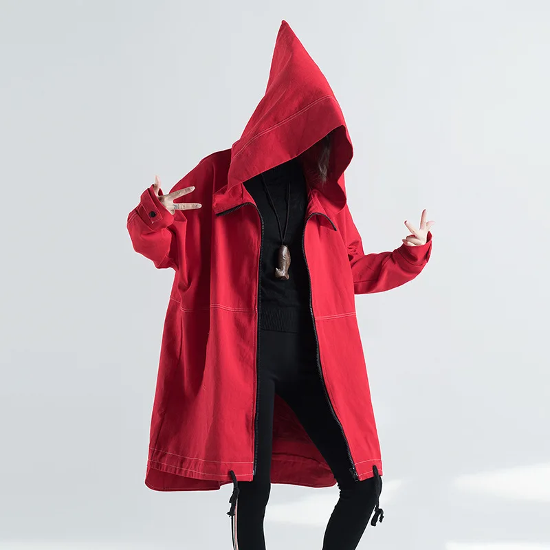 

Bf Style Hot Sale Women Winter New Fashion Zipper Trench Hooded Denim Jean Coats Female Casual Outwear Red Free Size Unregular