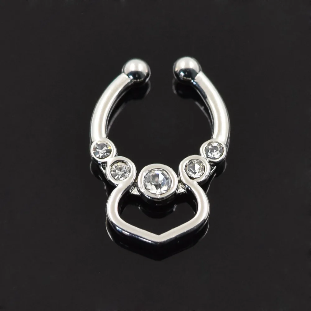 Fake Cheater Septum Nose Rings Peach-shaped Loop with 5 CZ Clip On clicker Clicker Piercings | Украшения и аксессуары
