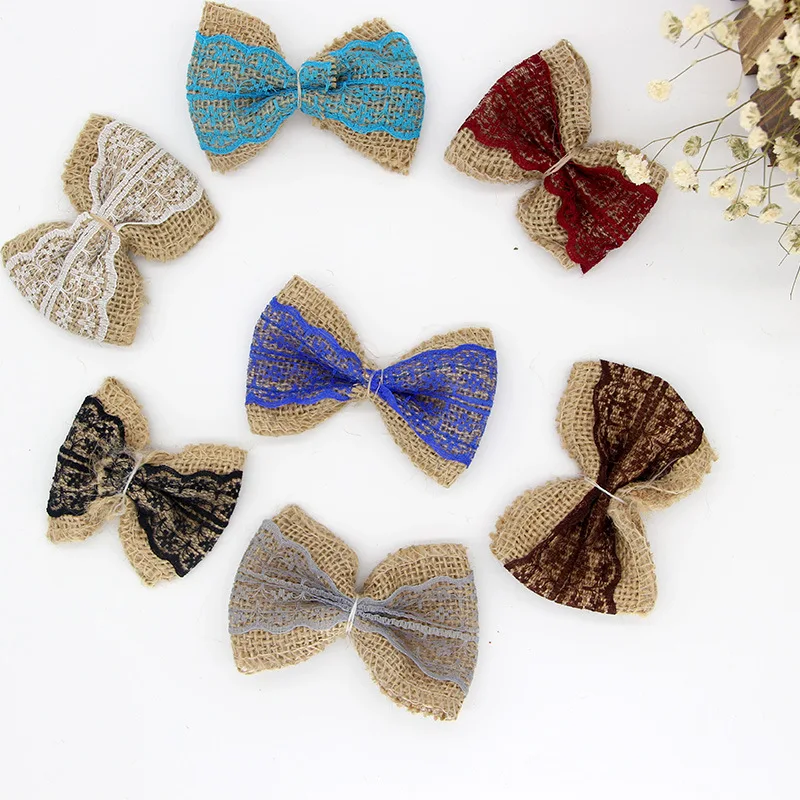 Оптовая продажа 1 шт. натуральный джутовый шпагат галстук бабочка с кружевом