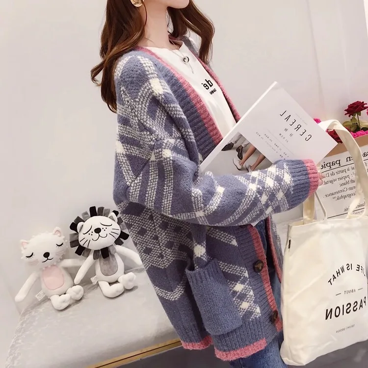 Модные женские однобортные свитера с геометрическим рисунком вязаный длинный