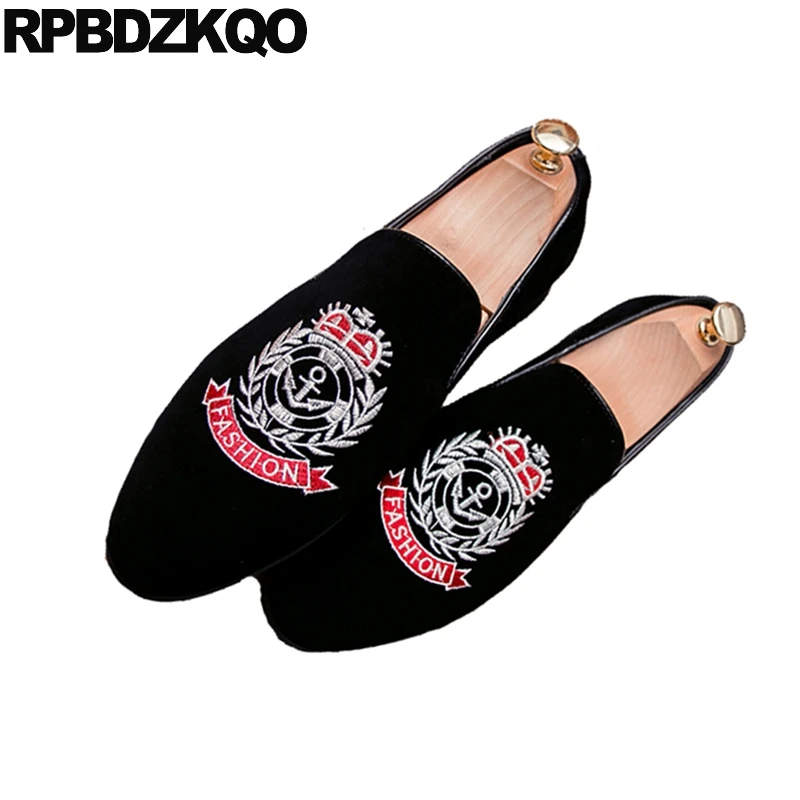 Embroidery Large Size Smoking Slippers Pointed Toe Loafers Runway Italian Mens Shoes Brands European Pointy Party Black Velvet | Обувь