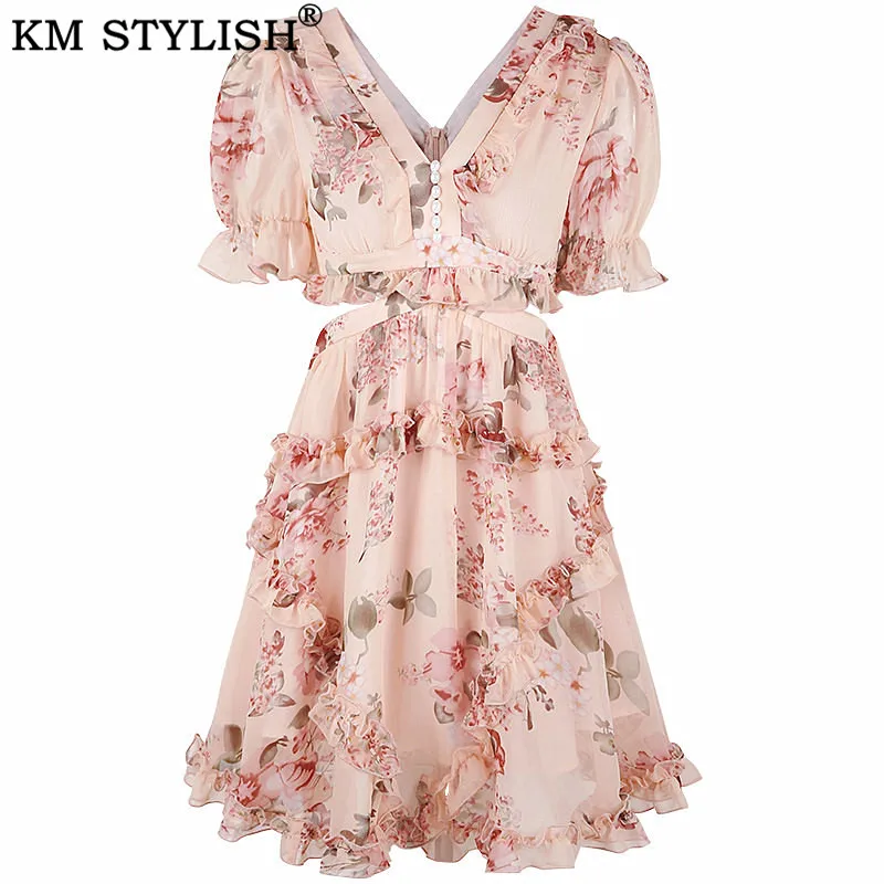 Женское шифоновое платье с высокой талией цветочным принтом в стиле ретро лето