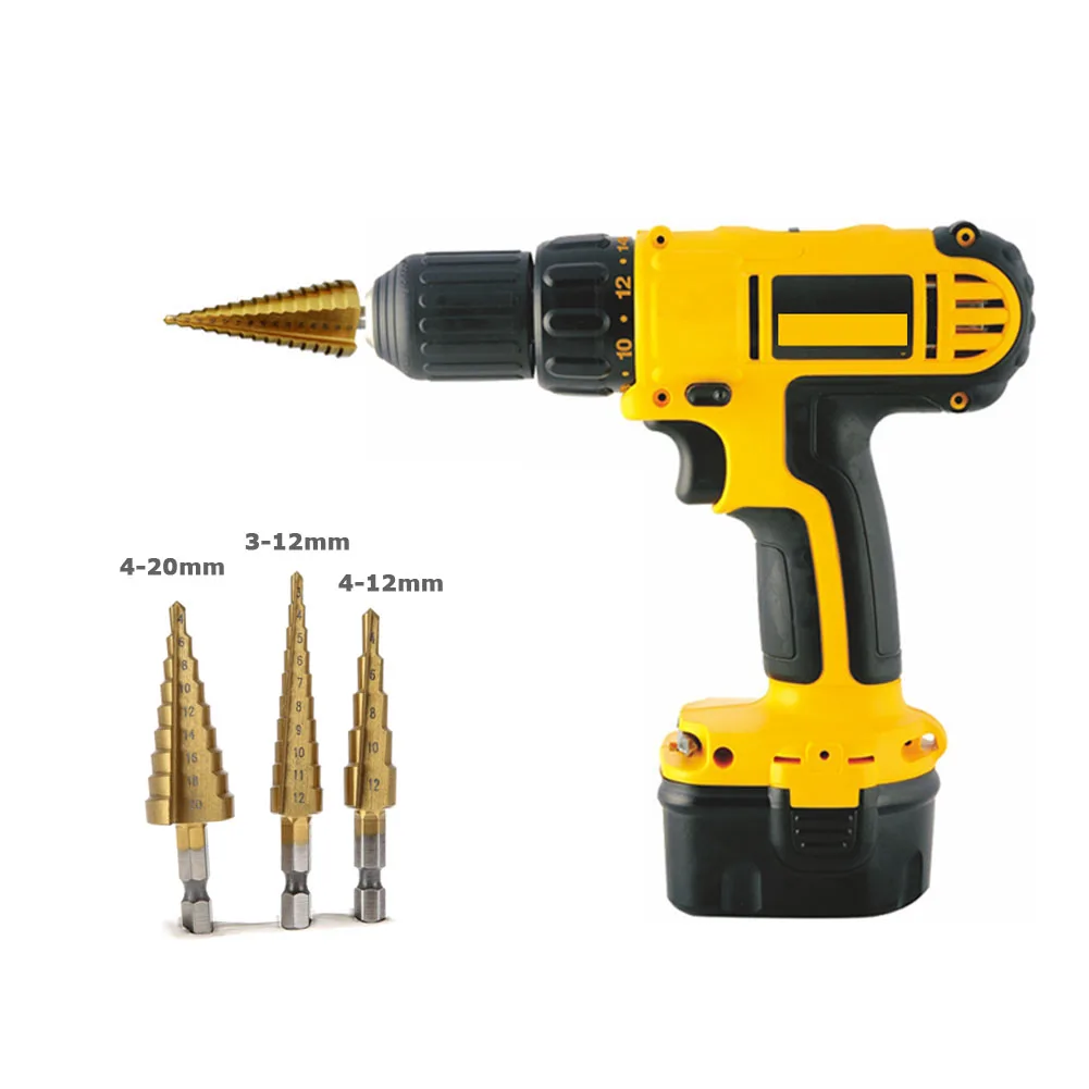 

3pcs Hss Steel Titanium Step Drill Bits 4-12mm 4-20mm 3-12mm Step Cone Cutting Tools Steel Woodworking Wood Metal Drilling Set