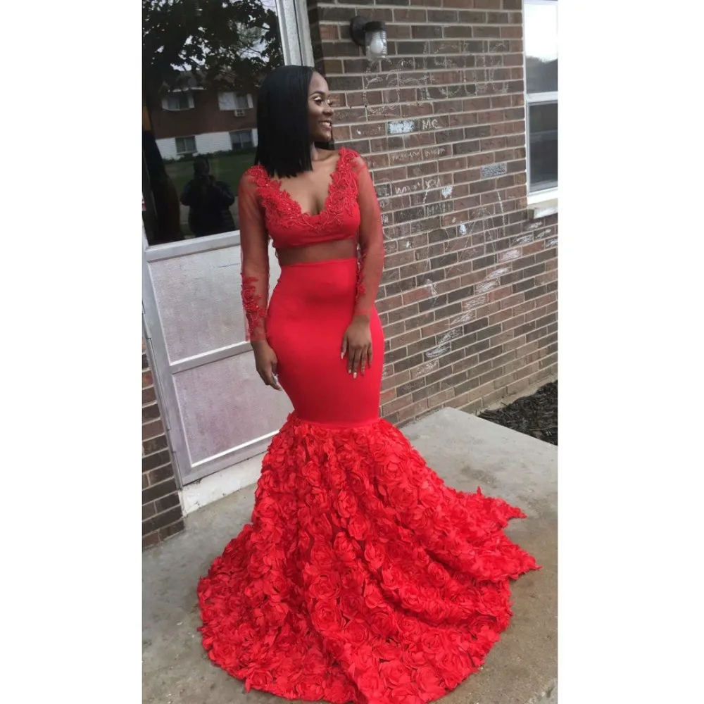 African Black Girls Red Mermaid Prom Dresses 2019 Sexy Sheer Waist Appliques Long Sleeve 3D Flowers Train Women Party Gowns | Свадьбы и
