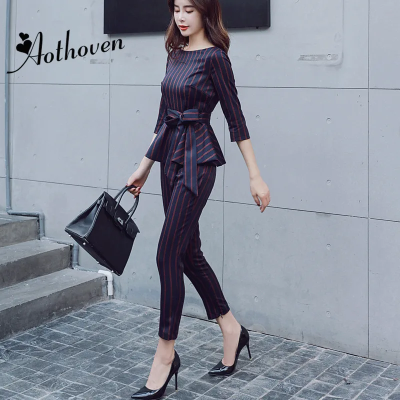 Женский офисный деловой костюм из двух предметов осенняя блузка в полоску с