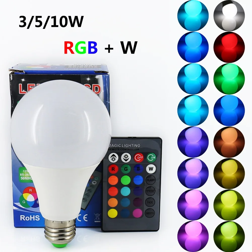 

Светодиодная лампа ANJOET E27, RGB светильник в 110 В RGB + Вт 3 Вт 5 Вт 10 Вт 85-220 В с ИК-пультом дистанционного управления, энергосберегающая лампа A65 A70 A80