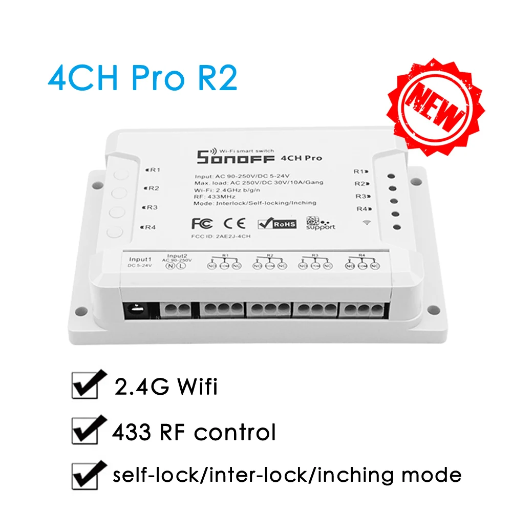 4CH Pro R2 Sonoff 4CH Pro R2 умный Wi-Fi релейный модуль переключателя 4 канала Ewelink Голосовое управление с Alexa Google home 433 RF Wifi светильник переключатель - Цвет: 4CH Pro R2
