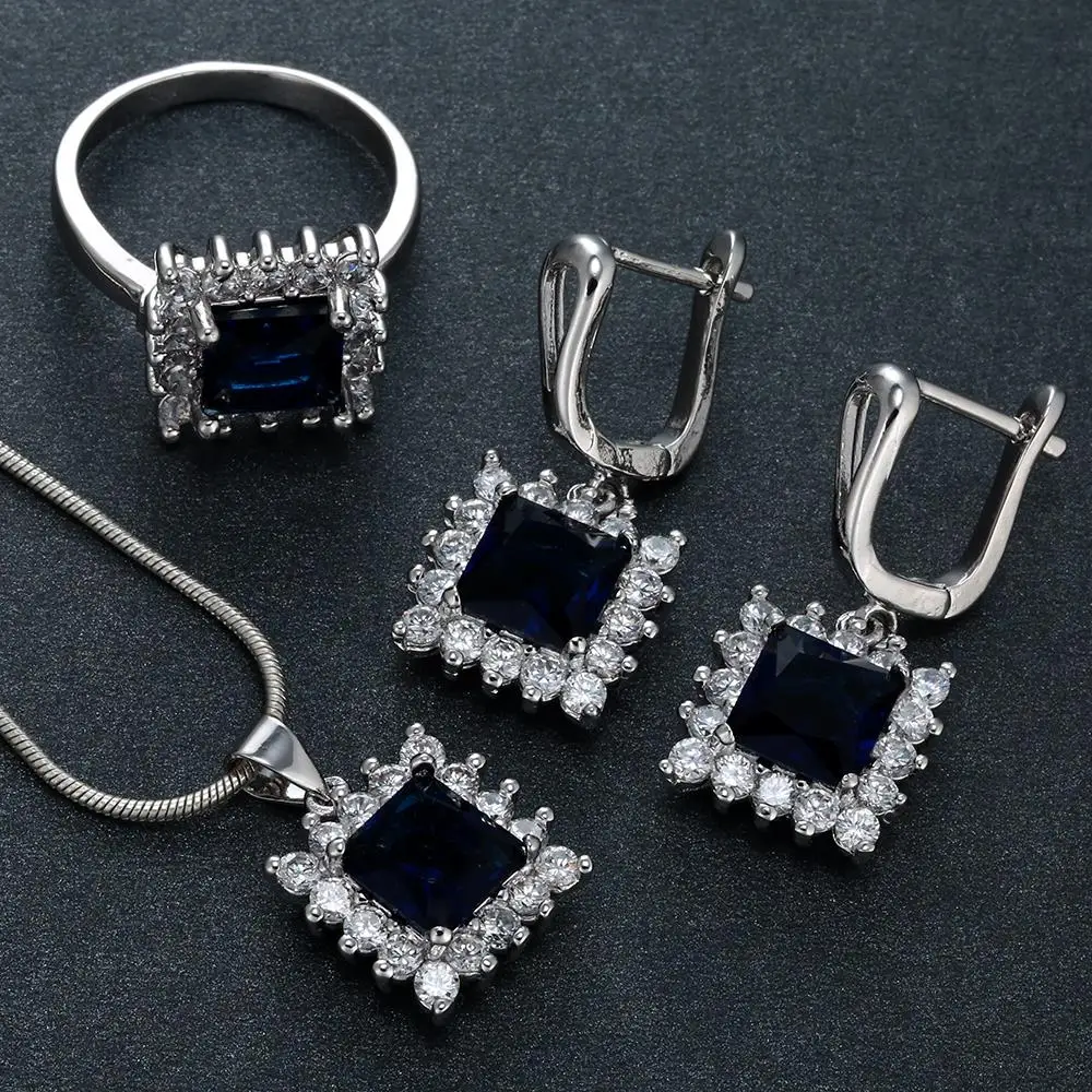 Роскошный квадратный набор ювелирных изделий Серебро Цвет Синий Циркон Одежда