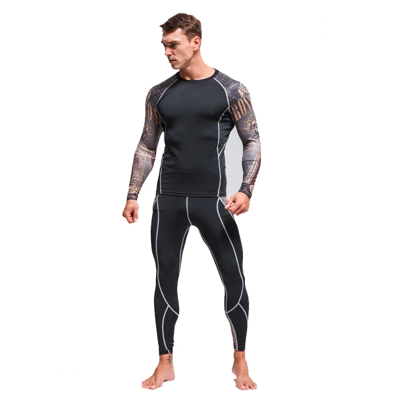 Yellow pattern set Мужское спортивное термобелье для бега, фитнеса, тренировок, быстросохнущих колготок, теплого спортивного костюма, термобелья для мужчин - Цвет: Yellow pattern set