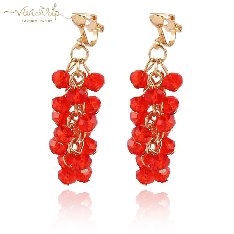 

New Fashion Handmade Grape Bunches Luxury Crystal Beads Clip Earrings Without Piercing For Female Wedding Party Ear Clip Jewelry