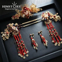 himstory new chinese vintage wedding bridal hair accessory national flower brides hair sticks jewelry long tassel hairwear