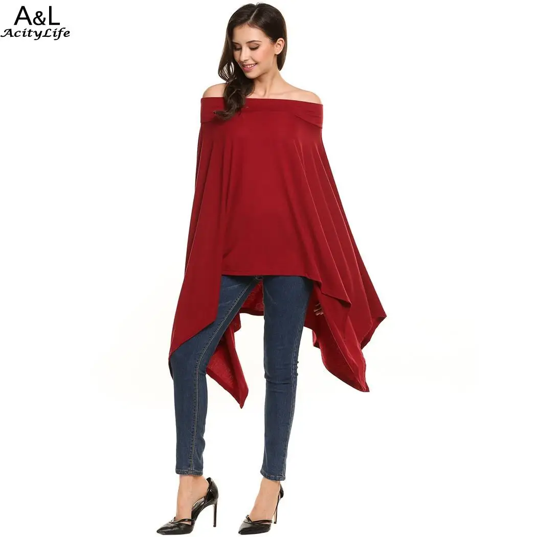 Нерегулярные шеи Slash низ рукав &quotлетучая мышь&quot Твердые Свободный пуловер Топ |