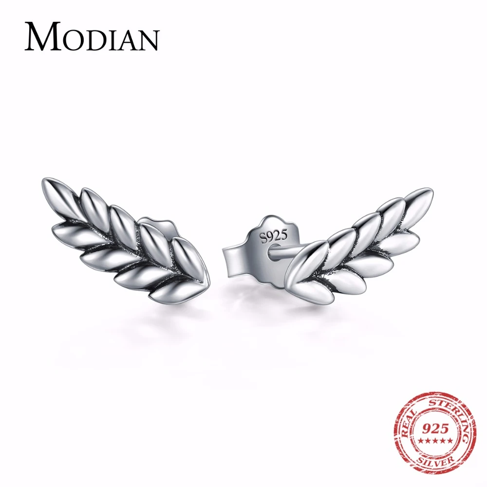 Modian настоящие 925 пробы серебряные Модные Простые сверкающие серьги-гвоздики в виде листьев для женщин Крылья Ангела серебряные ювелирные изделия бижутерия