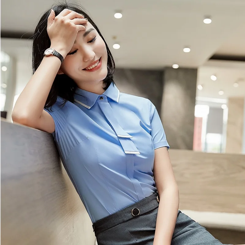 Новинка Синие Новые стильные модные блузки и рубашки для женщин деловая рабочая