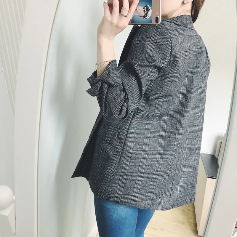 XL, XXL, 3XL, 4XL, 5XL, осень размера плюс, клетчатый блейзер для женщин, формальный свободный пиджак, пальто, офисный женский костюм с длинным рукавом, блейзер серого цвета