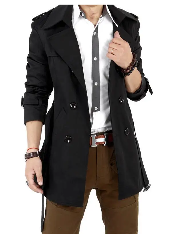 Черный хаки мужские длинные тренчи двубортные куртки и пальто тонкие английские
