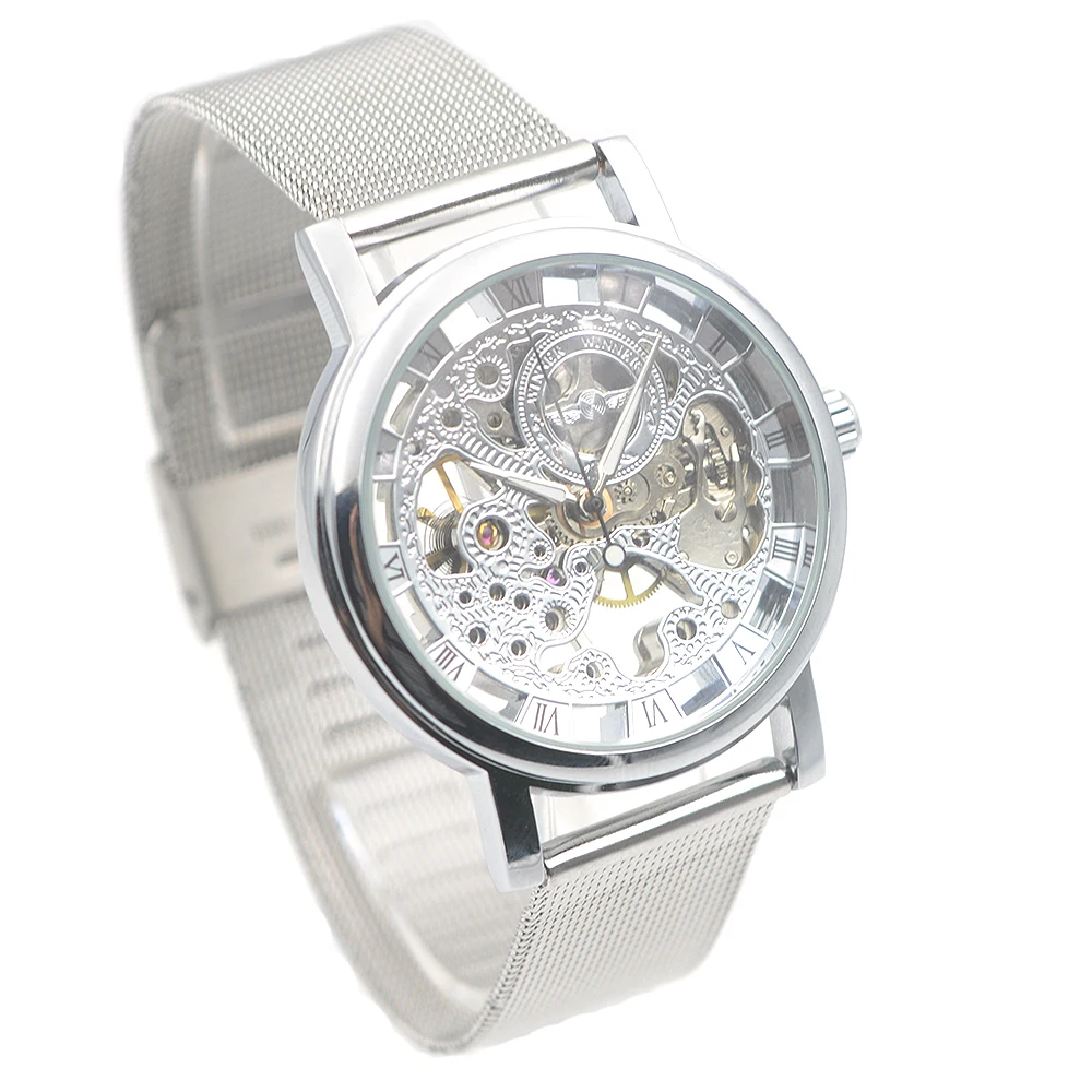 

2017 New Hot Sale Skeleton Fashion Mechanical Men Watch Winner Luxury Branded Business Stainless Steel Wristwatch Classic Silver