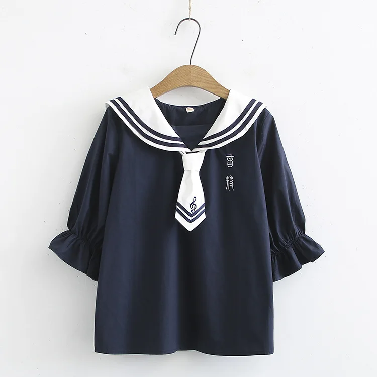 Синий Blusas mulher elegantes блузки женские Мори девушки Лето японский стиль кавайная морская воротник темно-синий белый буквы рубашка - Цвет: Синий