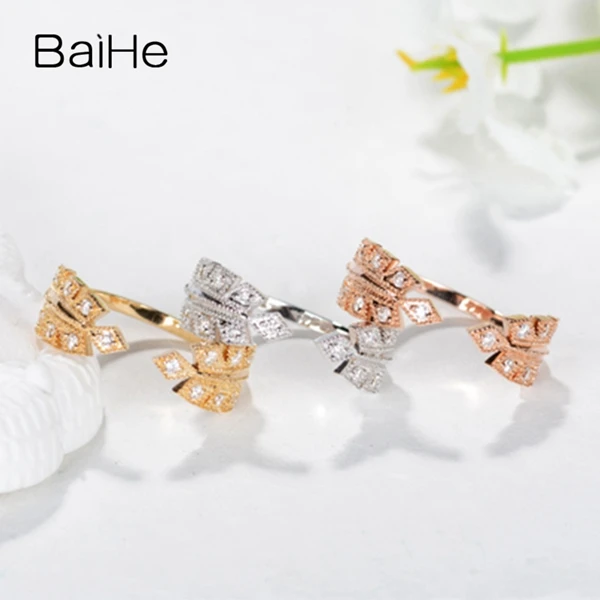 BAIHE Твердое 14 к желтое золото 0.15ct H/SI круглые натуральные бриллианты обручальное женское ювелирное красивое перьевое кольцо