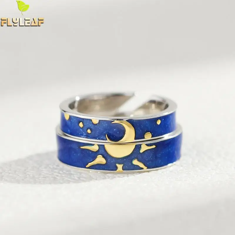 Flyleaf Blue Drop Glaze Golden Sun Moon Love Открытые Кольца для мужчин и женщин стерлингового