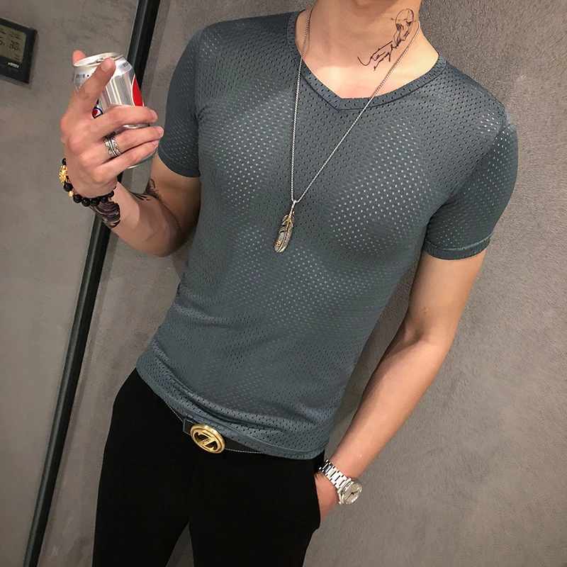 Dark grey Летняя Повседневная Однотонная футболка с короткими рукавами Hombre, модная брендовая уличная одежда, полупрозрачная Сетчатая футболка с коротким рукавом, Мужская футболка - Цвет: Dark grey