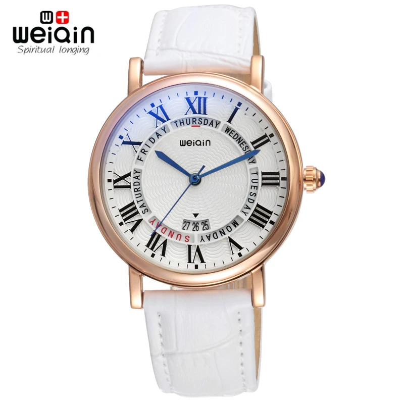 WEIQIN Римский стиль день недели розовое золото чехол модные часы для женщин