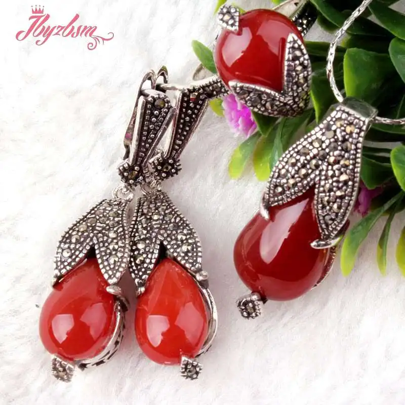 Серьги с подвеской из тибетского серебра натуральным красным Каплевидным