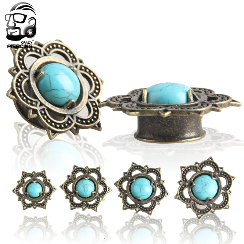 New Products Mandala Blue Stone Copper Earplugs Tunnel Plugs Body Piercings Jewelry Single Horn Ear Dilator Stretch | Украшения и