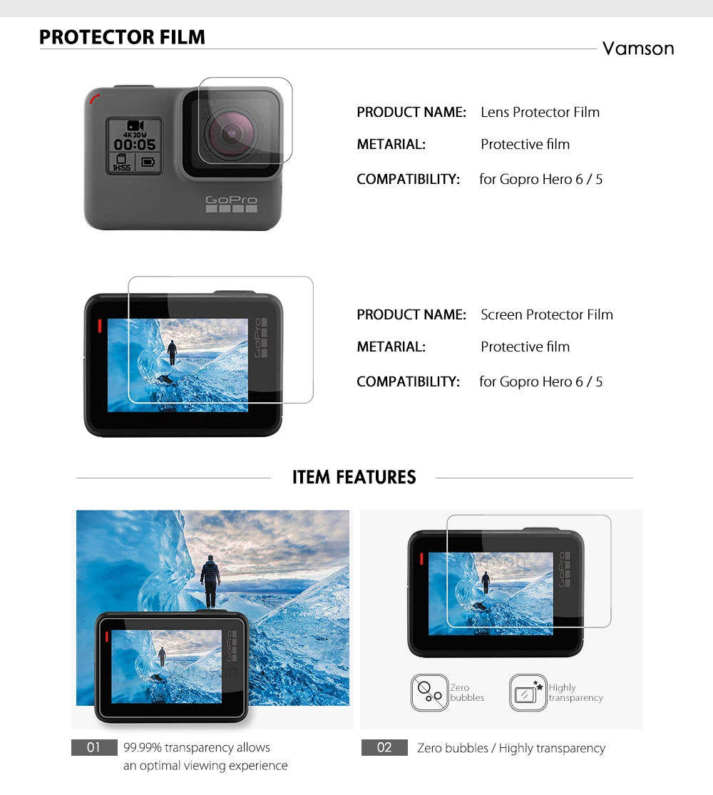 Vamson для Gopro 7 6 5 набор аксессуаров водонепроницаемый корпус защитный чехол монопод для Gopro hero 6 5 Спортивная камера Vamson VS10