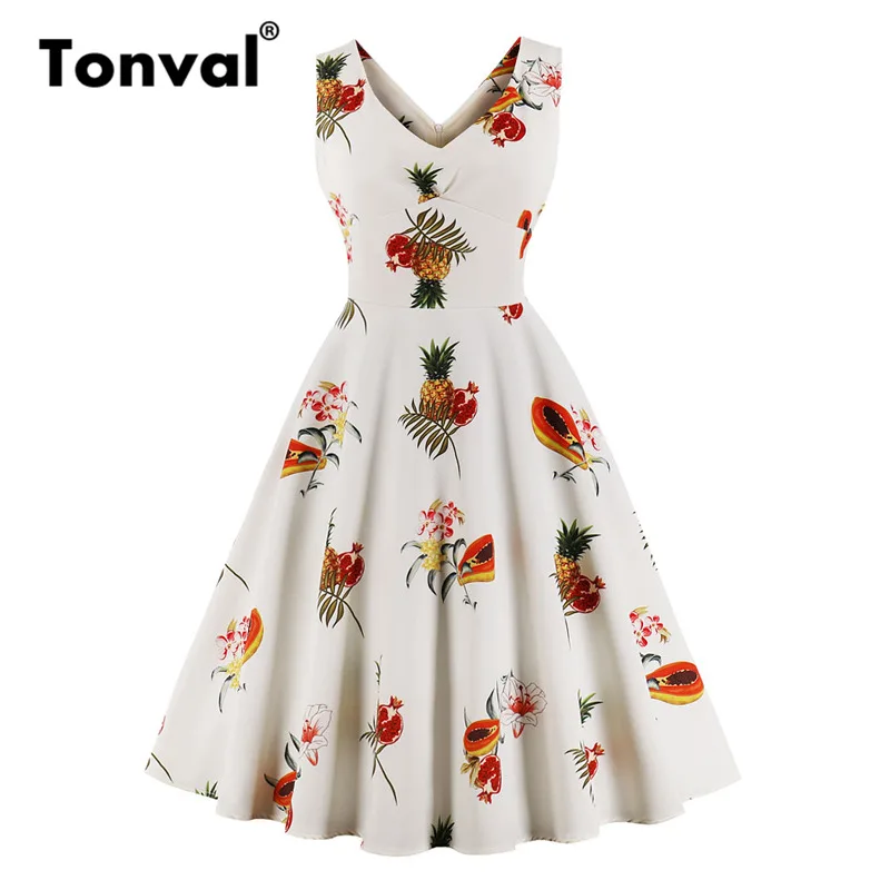 Женское винтажное платье трапеция Tonval повседневное белое без рукавов с принтом в