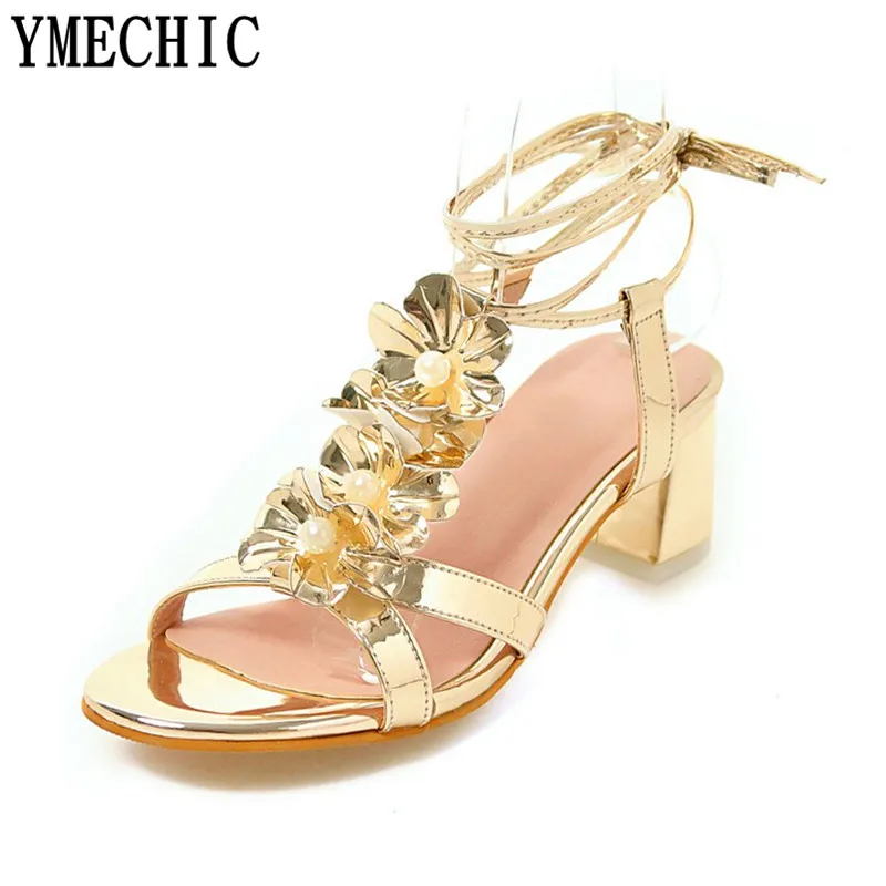YMECHIC/2018 милые летние босоножки на среднем каблуке с цветочным принтом женская