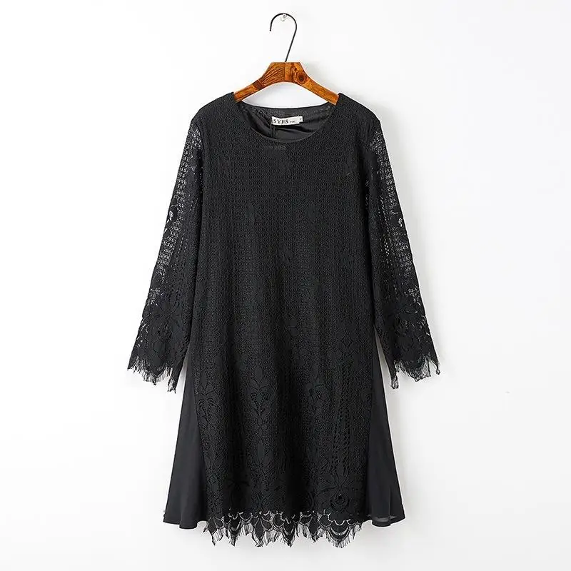 Женское кружевное платье миди размера плюс белое однотонное корейское с длинным