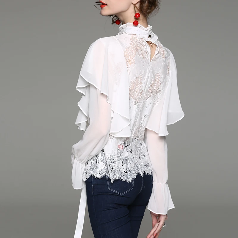 Sexy Perspective Falbala Ladies Blouse Lace Patchwork Ruffled Lantern Sleeve Pure Color Women C594 | Женская одежда