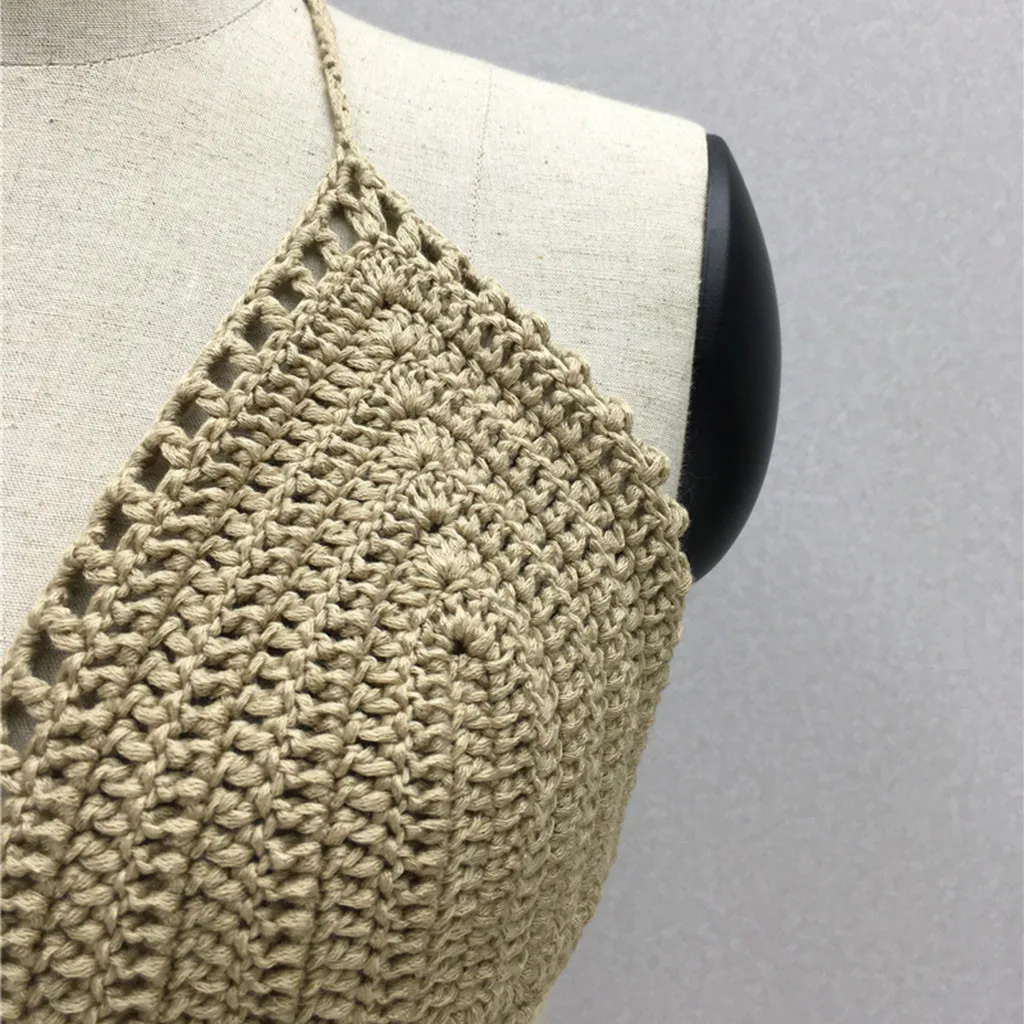 Женская однотонная вязаная крючком пляжная одежда без рукавов с v образным