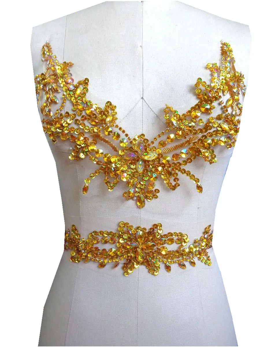 

Pure hand made sew on Rhinestones applique Golden crystals patches 29*26cm/38*7cm for dress DIY dress accessory