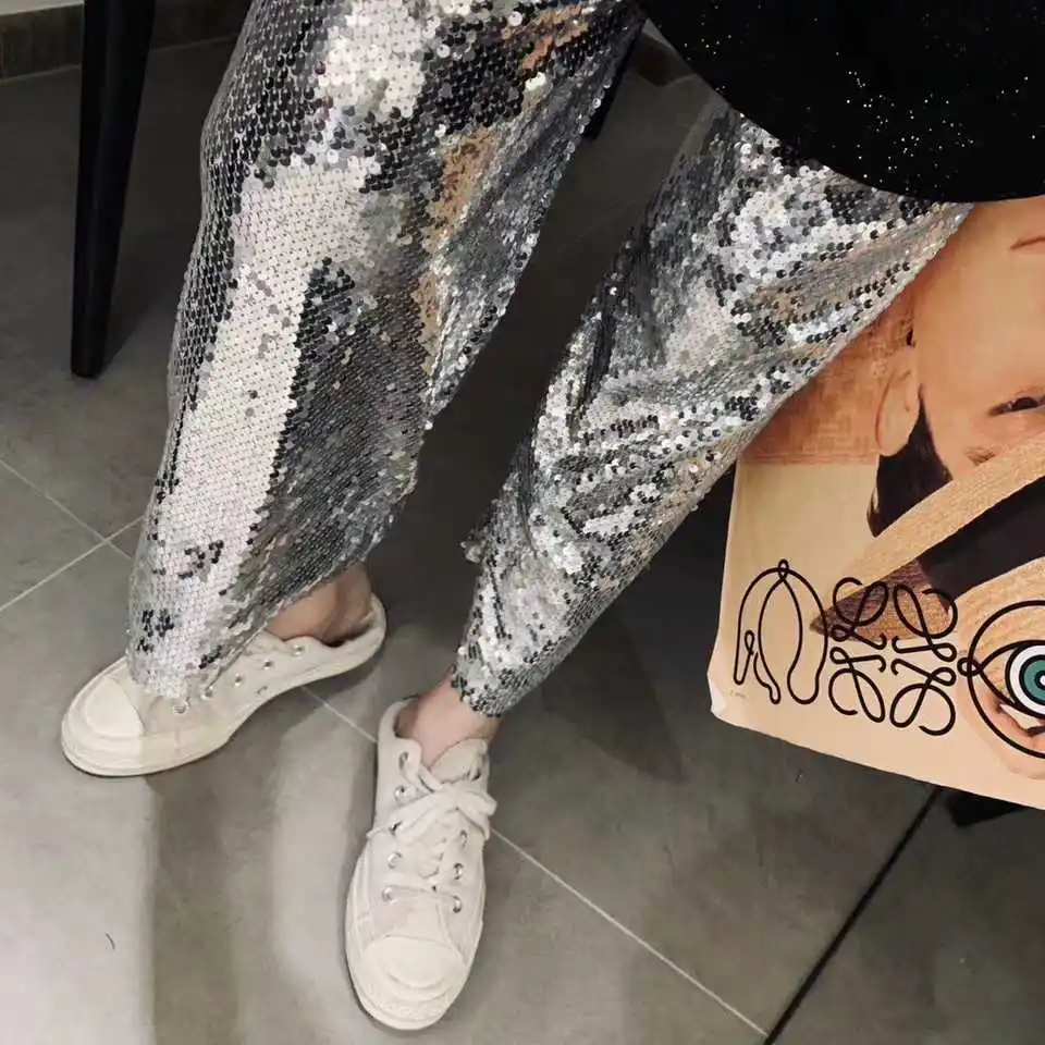 Брюки черарт с блестками женские серебристые широкие эластичной талией до