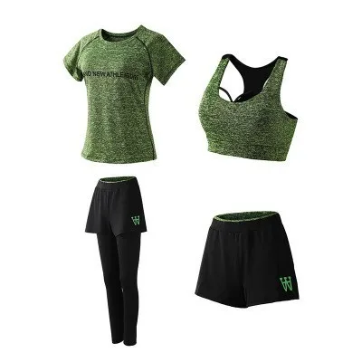 Green 4pcs 5 шт., женские наборы для тренировок, набор для йоги, одежда для бега, женская одежда из полиэстера, женская одежда для фитнеса, женская спортивная одежда с бюстгальтером - Цвет: Green 4pcs