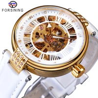 forsining white gold mechanical automatic luxury top brand lady wrist watch skeleton clock women leather dress age girl watches