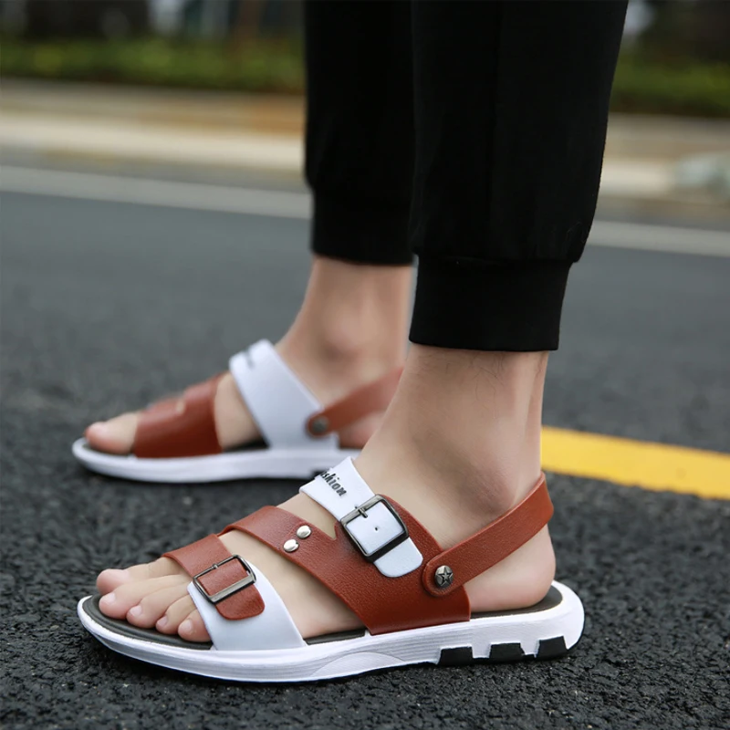 Новинка 2019 мужские кожаные шлепанцы летние римские сандалии модная пляжная