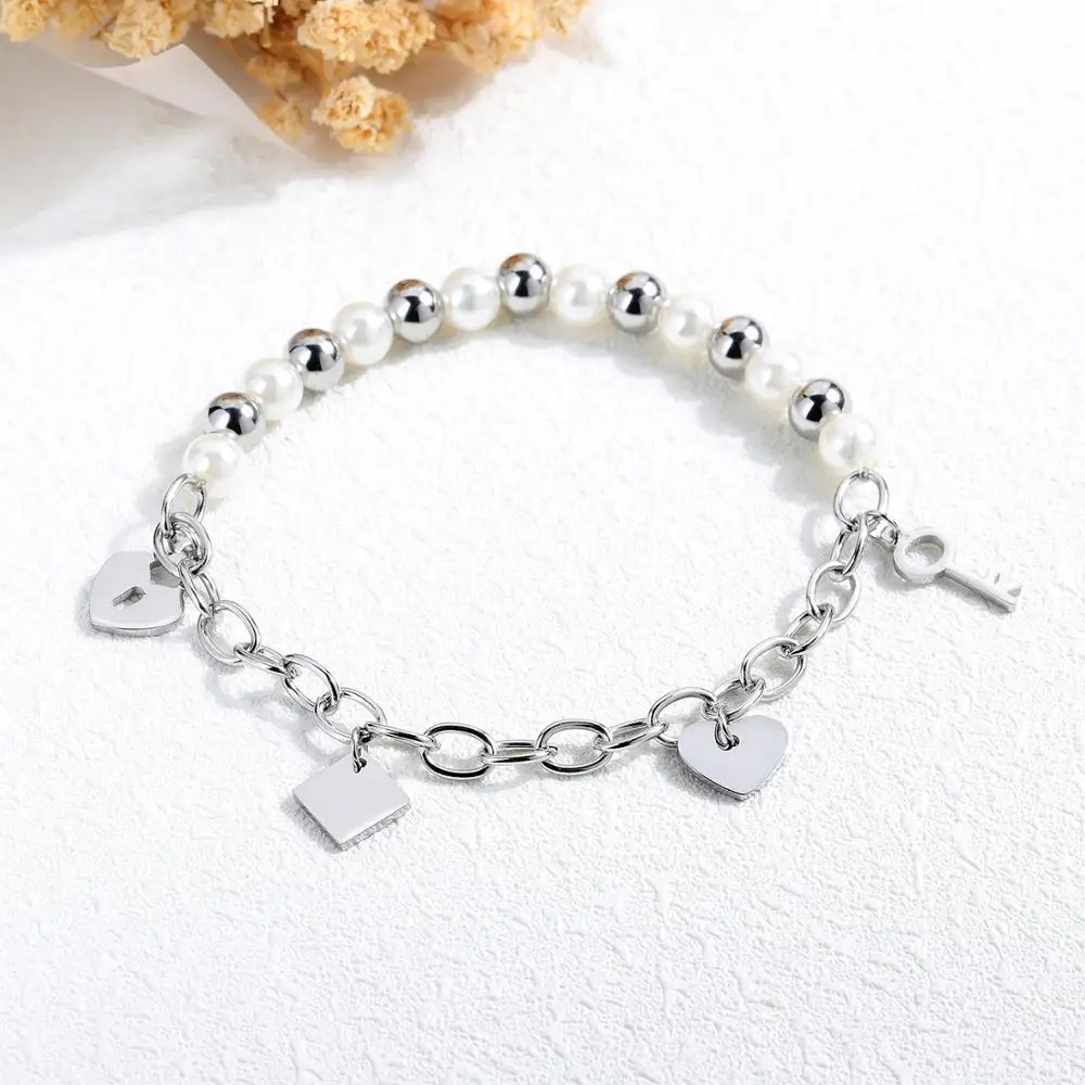 Stainless Steel Silver Rose Gold Color Love Heart Square Pattern Decorating Chain Bracelets New Fashion Jewelry Gift for Woman | Украшения