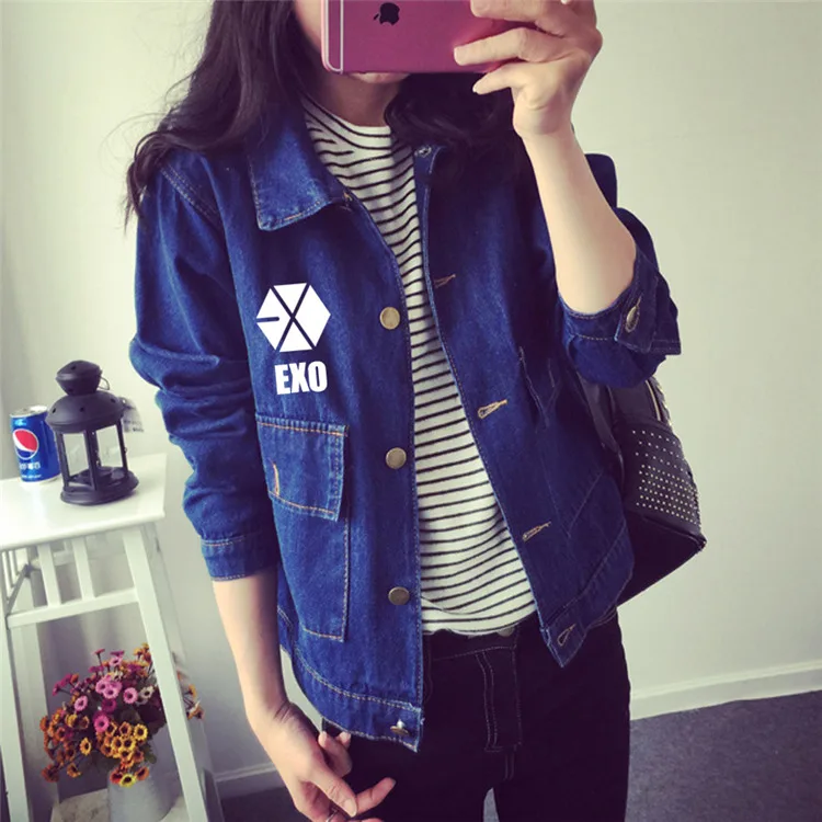 KPOP EXO LUHAN College для мужчин и женщин новинка 2016 синяя ковбойская куртка с буквенным