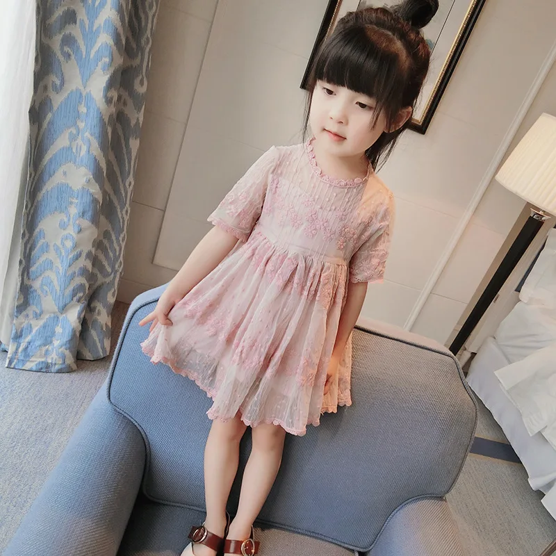 2019 new Korean girls dress lace princess style children's gauze Knee-Length Lace Solid | Детская одежда и обувь