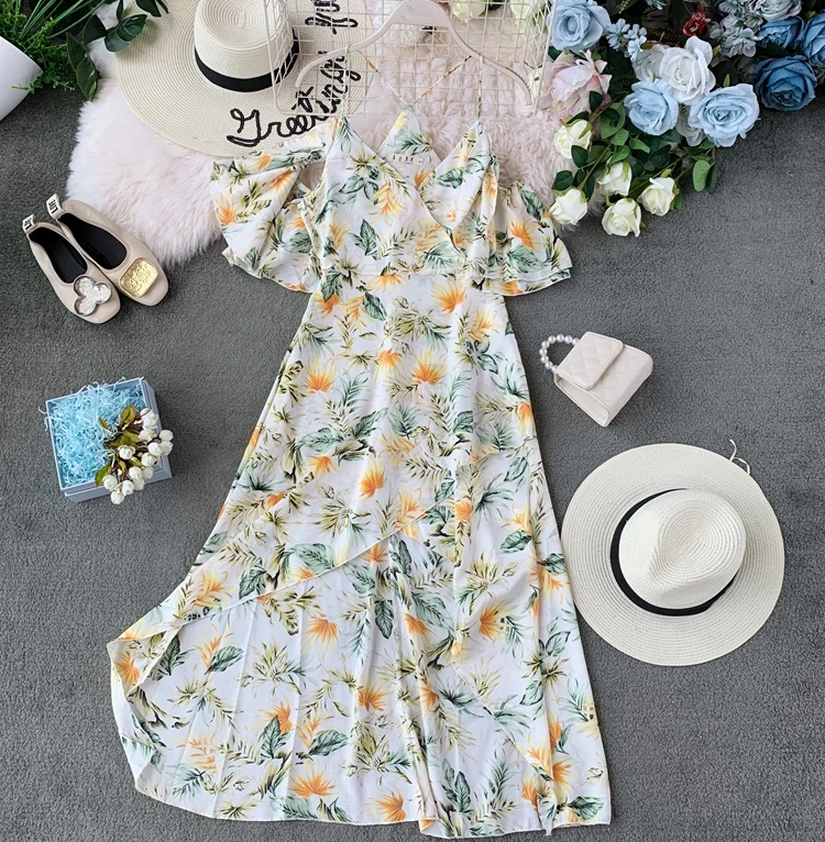 Женское пляжное платье ALPHALMODA шифоновое с оборками открытыми плечами и цветочным